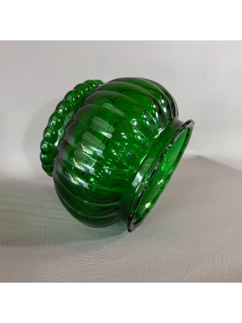Vintage Forest Green Glass Rose Bowl Ribbed Bulbous Planter Ivy Vase 6